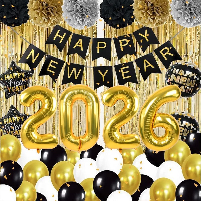 DUILE 2026 Happy New Year Decorations New Years eve Party Supplies 2026 Include Paper Flower New Year Banner Balloons Curtains Foil Star Balloons for Party - Image 2