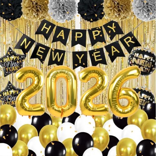 DUILE 2026 Happy New Year Decorations New Years eve Party Supplies 2026 Include Paper Flower New Year Banner Balloons Curtains Foil Star Balloons for Party - Image 1