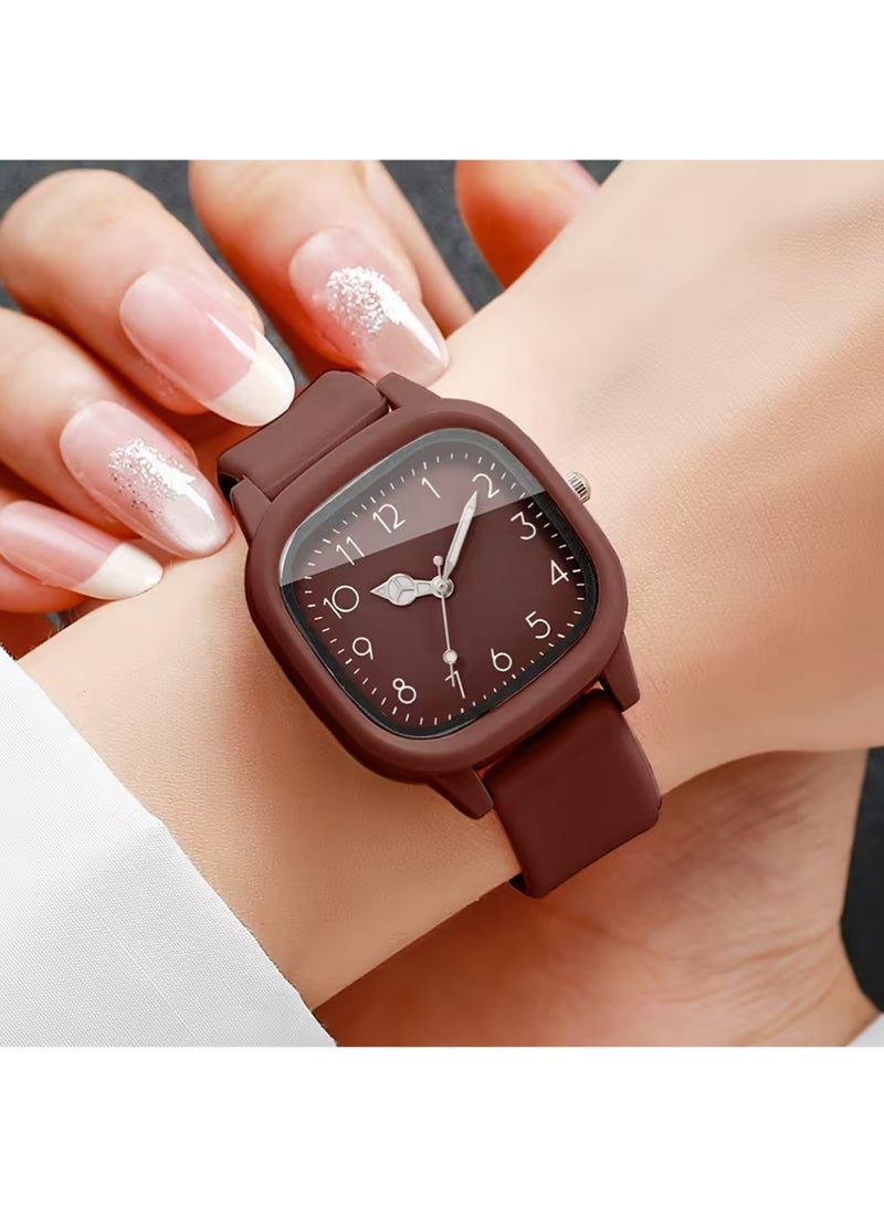 PULUZ 1pc Women'S Silicone Watch Minimalist Square Dial with Large Easy-to-Read Numbers, Brown Strap Everyday & Formal Wear Quartz Movement - Image 1