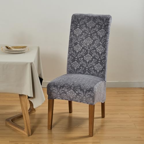 HOKIPO Embossed Velvet Chair Covers for Long Back Dining Chair, Set of 1, Dark Grey (AR-5126-DGRY) - Image 2