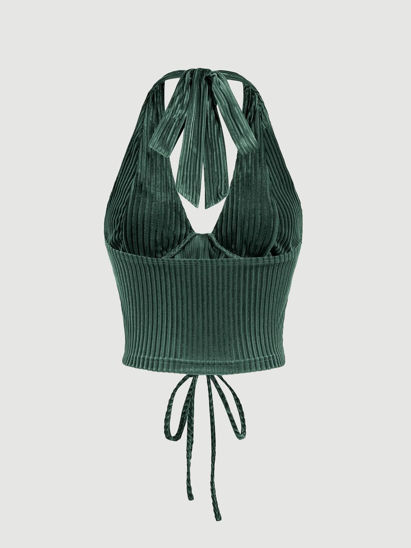 Verdusa Women's 2026 Going Out Halter Corset Tops Sleeveless Lace Up Open Back Crop Top Dark Green Medium - Image 2