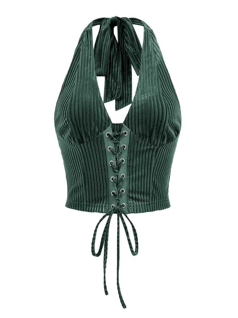 Verdusa Women's 2026 Going Out Halter Corset Tops Sleeveless Lace Up Open Back Crop Top Dark Green Medium - Image 1