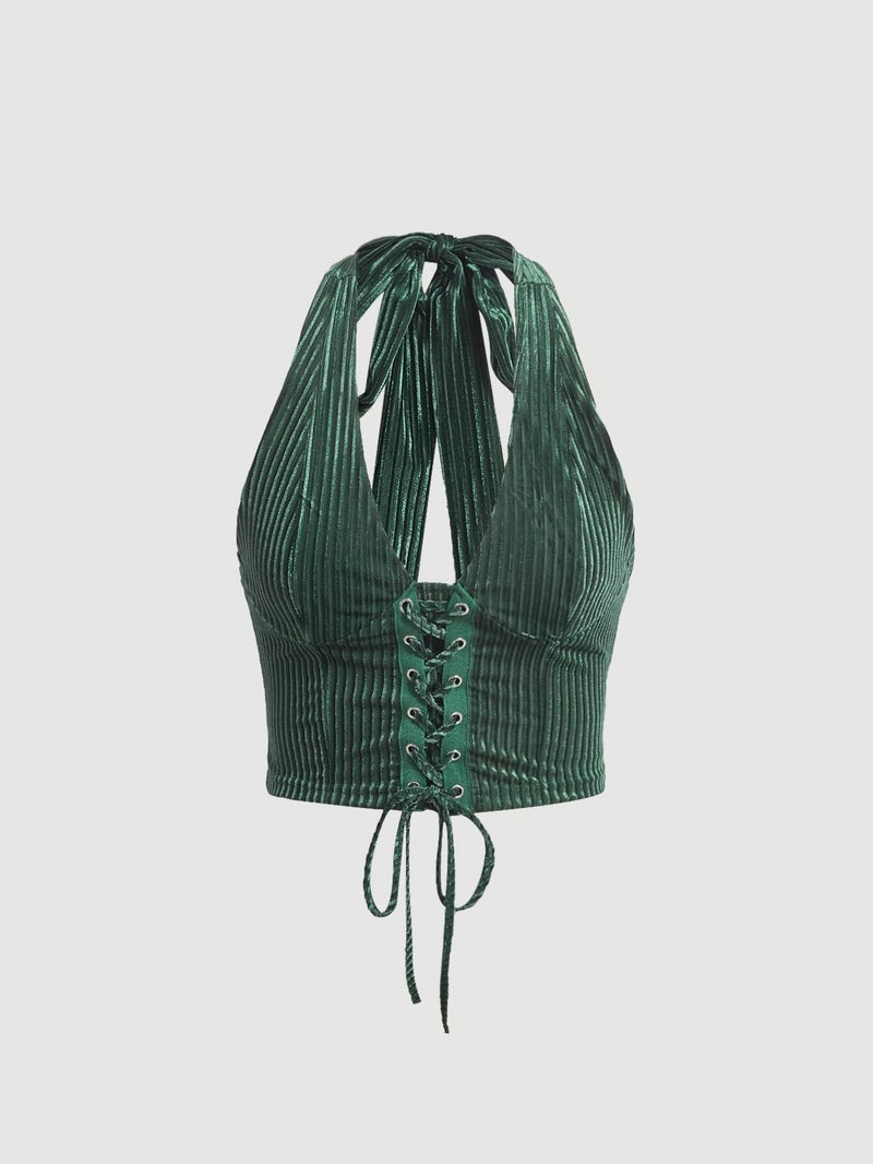 Verdusa Women's 2026 Going Out Halter Corset Tops Sleeveless Lace Up Open Back Crop Top Dark Green Medium - Image 5