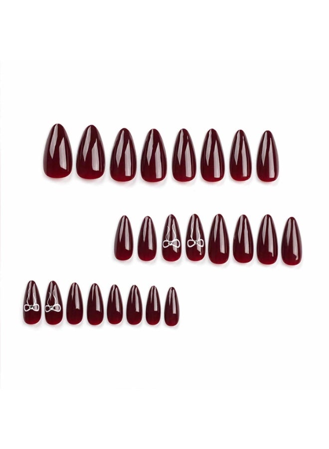 أظافر صناعية مكونة من 24 قطعة بتصميم فيونكة مرصعة بأحجار الراين، تتضمن ملصقات جيلي ومبرد أظافر وعصا خشبية صغيرة، كحول قطني (أحمر) - Image 2