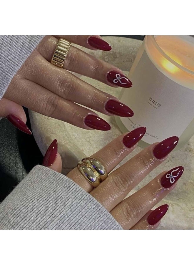 أظافر صناعية مكونة من 24 قطعة بتصميم فيونكة مرصعة بأحجار الراين، تتضمن ملصقات جيلي ومبرد أظافر وعصا خشبية صغيرة، كحول قطني (أحمر) - Image 4