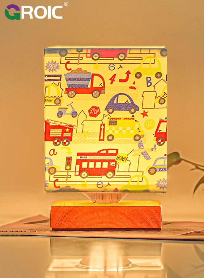 GROIC " Kids Desk Lamps Car Lamp,3 Level Dimmable Wood Nightstand Desk Base, Flaxen Fabric Shade for Bedroom Living Room,Car Gifts for Boys" - Image 3