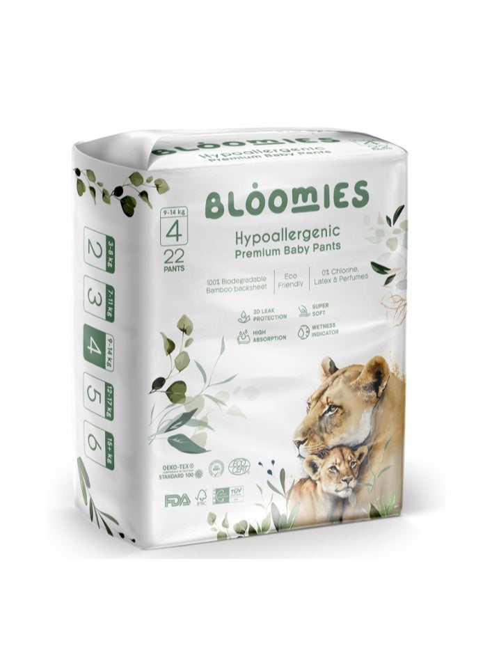 Bloomies Premium Baby Diaper Pants Size 4, 9-14kg, 22 Count, Wetness Indicator Eco-friendly and Hypoallergenic Ultra-soft Nappy Diapers Pant Skin Friendly, Leakage Protection, Natural Bamboo Made - Image 1