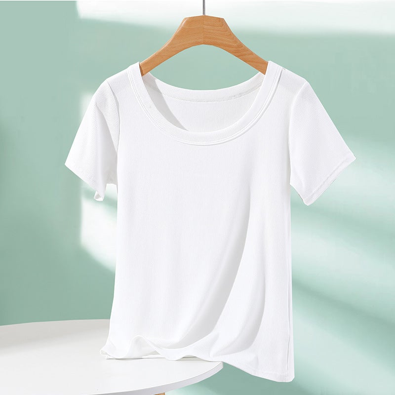 Threaded Short-Sleeved T-Shirt Women'S Summer Outer Wear Knitted Round Neck Base Shirt With Solid Color Thin Foreign Style All-Match Top - Image 1