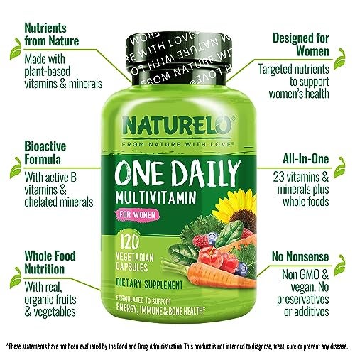 NATURELO One Daily Multivitamin for Women wVitamin B12 120 Ct Energy Support Whole Food Daily Women Multivitamin Supplement Nourish HairSkinNail NonGMO No Soy Gluten Free 4 Month Supply - Image 3