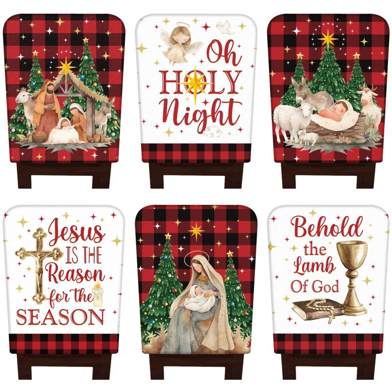 FuWeave 6 Pcs Christmas Nativity Scene Chair Back Covers Xmas Chair Protector Slipcovers Washable Winter Dining Room Seat Covers for Home Hotel Kitchen Decorations