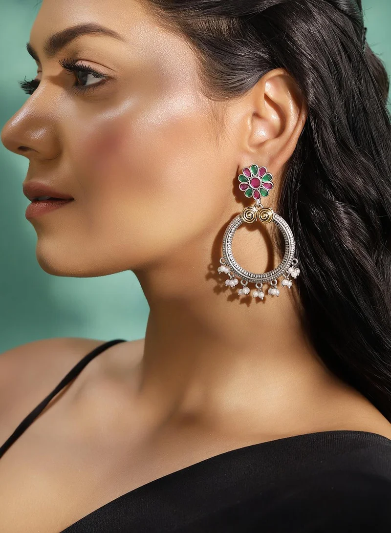 ISHIN Multi Colour Metallic Grey Plated Beaded Chandbali Earring