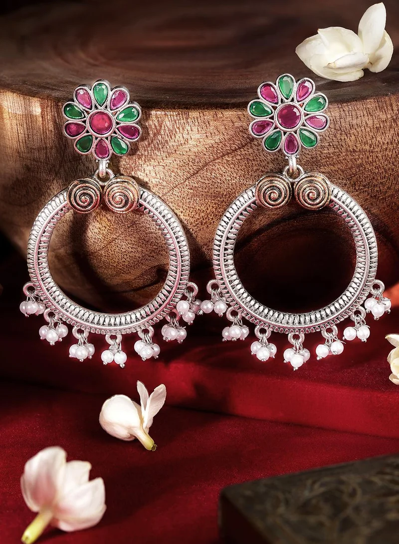 ISHIN Multi Colour Metallic Grey Plated Beaded Chandbali Earring