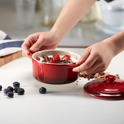 Kook Ceramic Mini Cocotte Set, Small Casserole Dishes with Lids and Handles, Individual Baking Ramekins, Oven, Microwave & Dishwasher Safe, Stoneware, 12 oz, Set of 4 (Crimson Ombre) - Image 5