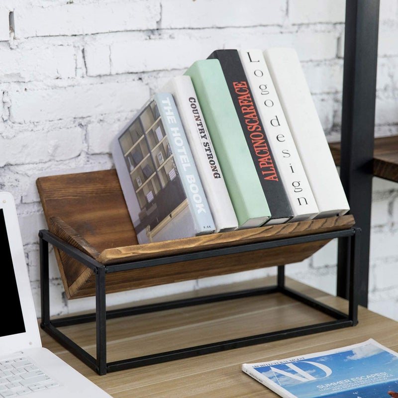 INDIAN DECOR INDIAN DECOR 20915 Metal and Engineered Wood Book Rack with Industrial Black Metal Frame Desktop Book Holder Storage Organizer Black - Image 2