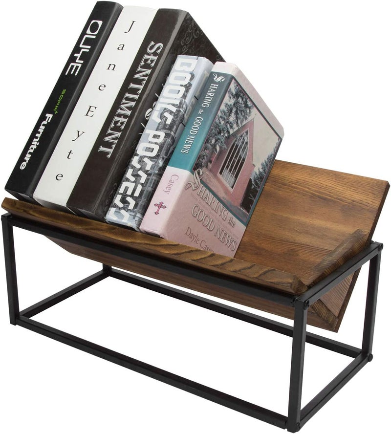 INDIAN DECOR INDIAN DECOR 20915 Metal and Engineered Wood Book Rack with Industrial Black Metal Frame Desktop Book Holder Storage Organizer Black - Image 1