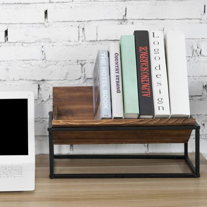 INDIAN DECOR INDIAN DECOR 20915 Metal and Engineered Wood Book Rack with Industrial Black Metal Frame Desktop Book Holder Storage Organizer Black - Image 4