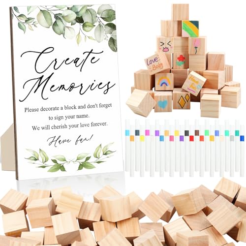 ZCPTZ 97 Pcs Baby Shower Games Sign KitIncluding Decorate a Block Game Sign 72 DIY Blank Wooden Block 24 Painting Pen to Draw Your Idea for Baby Shower Game Gender Reveal Party - Image 1