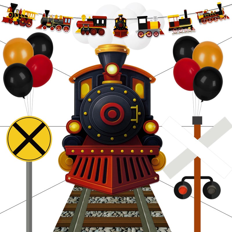 Renbuzhu 27 Pcs Train Party Decorations Railroad Runner Track Banner Backdrop Balloon for Door Birthday Theme Classroom Decor ( Black ) - Image 1