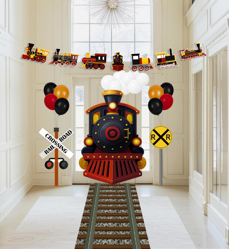 Renbuzhu 27 Pcs Train Party Decorations Railroad Runner Track Banner Backdrop Balloon for Door Birthday Theme Classroom Decor ( Black ) - Image 2