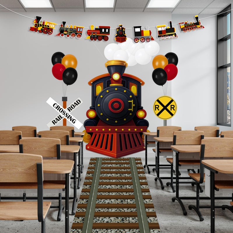 Renbuzhu 27 Pcs Train Party Decorations Railroad Runner Track Banner Backdrop Balloon for Door Birthday Theme Classroom Decor ( Black ) - Image 3