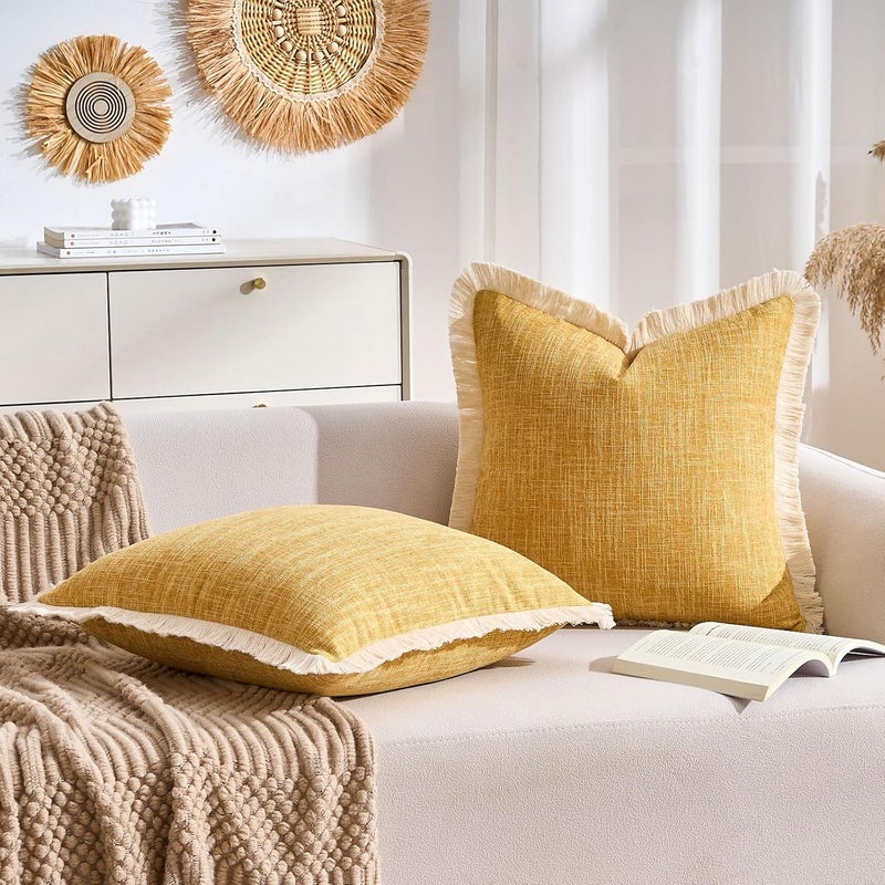 KWLET Decorative Linen Fringe Throw Pillow CoversPillow Covers 18x18 Farmhouse Pillows Boho Pillow Covers with Tassels Soft Accent Pillowcase for Couch Sofa Bed Living Room Home Decor Mustard Yellow - Image 3