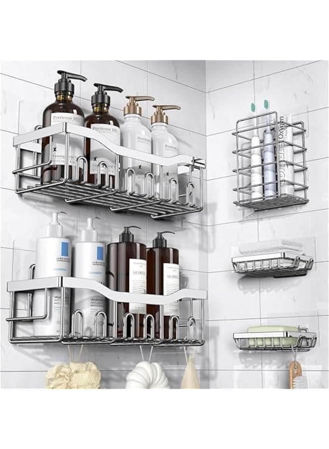 بيوينتي علبة دش من 5 قطع، منظم حمام لاصق للتخزين في الحمام والمطبخ، بدون ثقب، سعة كبيرة، ارفف منظمة للحمام من الستانلس ستيل المقاوم للصدا لرف الدش الداخلي، فضي - Image 1