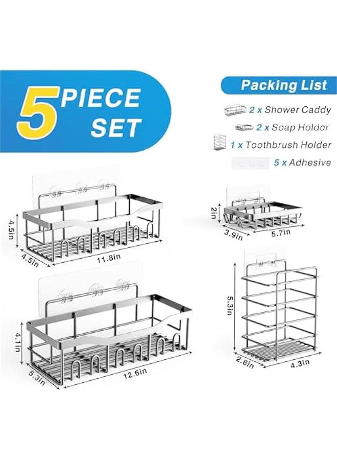 بيوينتي علبة دش من 5 قطع، منظم حمام لاصق للتخزين في الحمام والمطبخ، بدون ثقب، سعة كبيرة، ارفف منظمة للحمام من الستانلس ستيل المقاوم للصدا لرف الدش الداخلي، فضي - Image 2