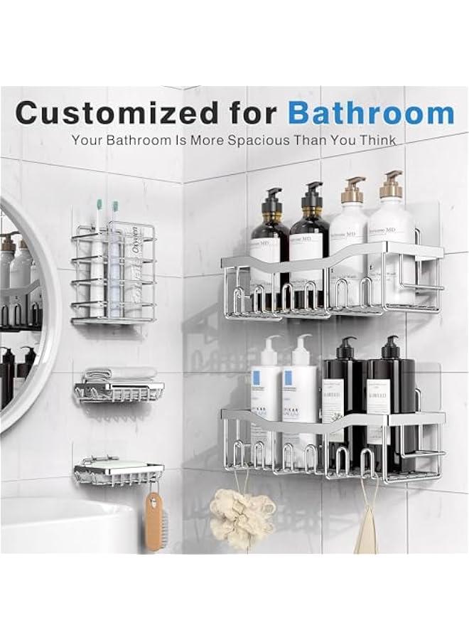 بيوينتي علبة دش من 5 قطع، منظم حمام لاصق للتخزين في الحمام والمطبخ، بدون ثقب، سعة كبيرة، ارفف منظمة للحمام من الستانلس ستيل المقاوم للصدا لرف الدش الداخلي، فضي - Image 3