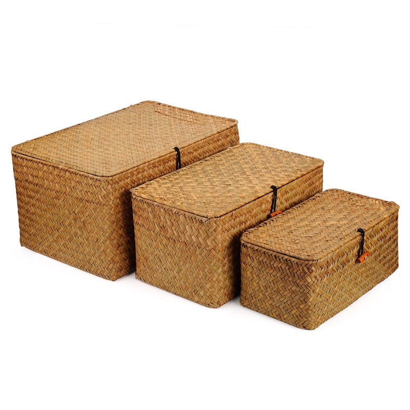 DOKOT Woven Wicker Storage Bins with Lid Seagrass Basket for Shelf Organizer Extra Large Set of 3