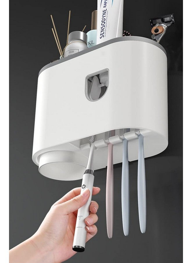 Evona Plastic Wall Mounted Toothbrush Holder Automatic Toothpaste Squeezer Dispenser With Magnetic Single Cup Storage Rack Bathroom Accessories, White - Image 4