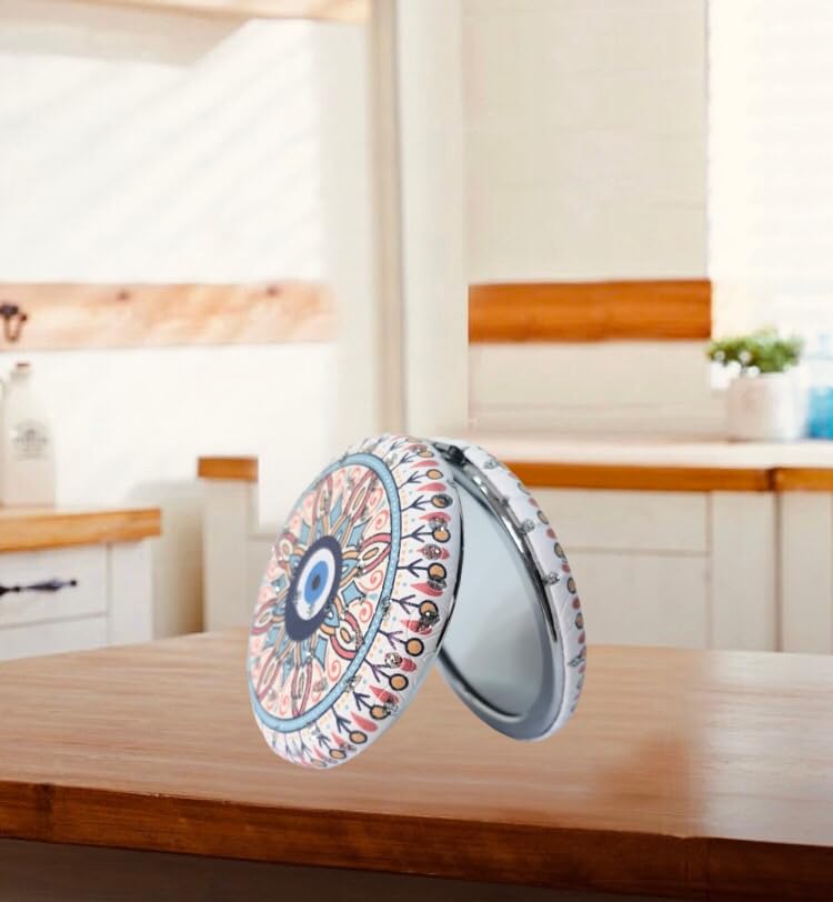 Portable Round Designer Evileye Mirrors with 2x1 Magnifying Glass Studded for Self Grooming Makeup Carry in Purses Handbags Gift Item  - Image 1