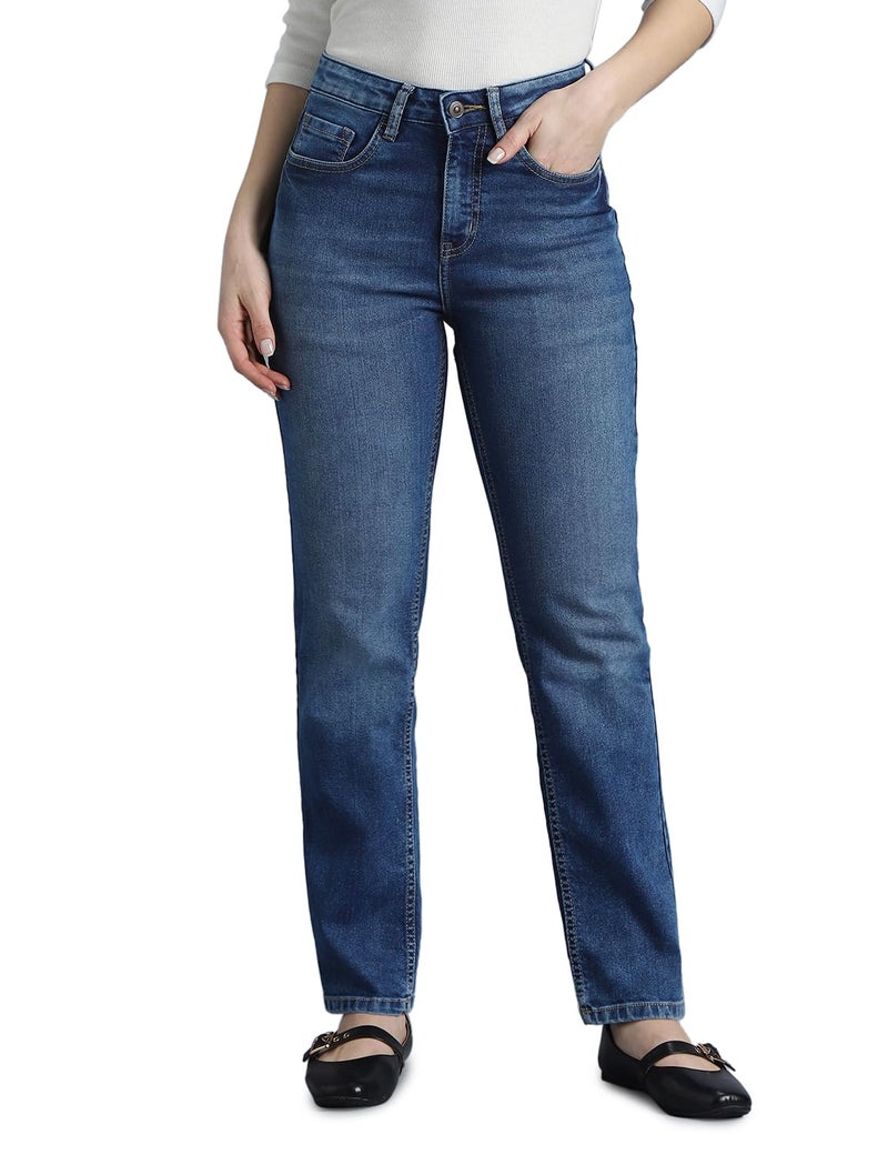INKD Women's Mid Rise Straight Jeans (INKSS23WJN-013_Marine Blue_30) - Image 3