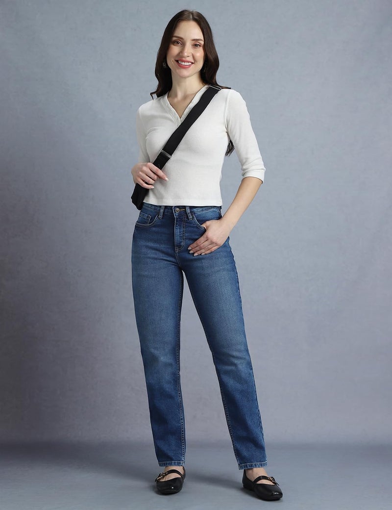 INKD Women's Mid Rise Straight Jeans (INKSS23WJN-013_Marine Blue_30) - Image 5