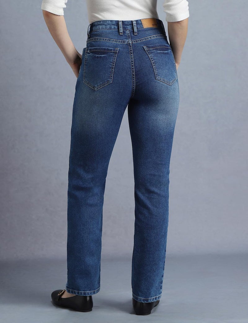 INKD Women's Mid Rise Straight Jeans (INKSS23WJN-013_Marine Blue_30) - Image 4