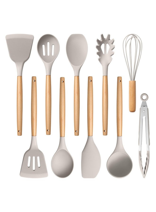 E-far مجموعة أدوات الطهي السيليكونية E-far، مجموعة أدوات مطبخ مقاومة للحرارة مكونة من 10 قطع مع مقبض خشبي للأواني غير اللاصقة، أدوات مطبخ غير لاصقة ملعقة، خفاقة، ملقط، مغرفة، غير سامة وصحية (كاكي) - Image 1