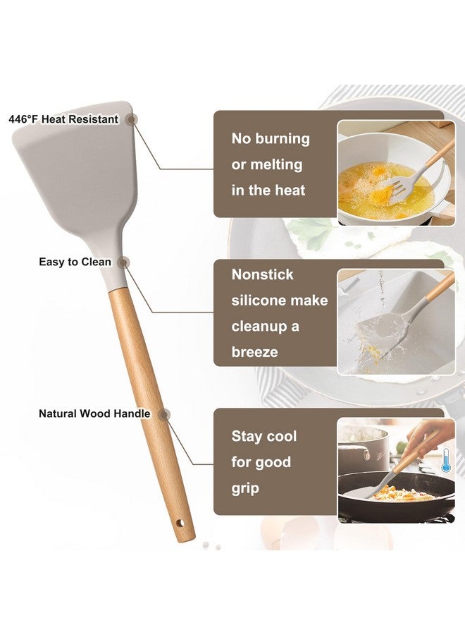 E-far مجموعة أدوات الطهي السيليكونية E-far، مجموعة أدوات مطبخ مقاومة للحرارة مكونة من 10 قطع مع مقبض خشبي للأواني غير اللاصقة، أدوات مطبخ غير لاصقة ملعقة، خفاقة، ملقط، مغرفة، غير سامة وصحية (كاكي) - Image 2