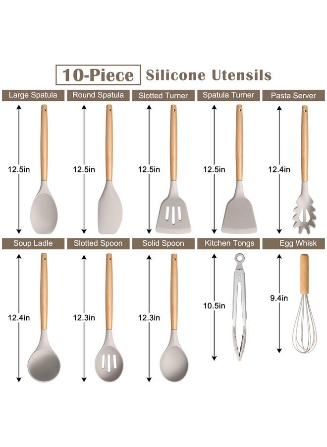 E-far مجموعة أدوات الطهي السيليكونية E-far، مجموعة أدوات مطبخ مقاومة للحرارة مكونة من 10 قطع مع مقبض خشبي للأواني غير اللاصقة، أدوات مطبخ غير لاصقة ملعقة، خفاقة، ملقط، مغرفة، غير سامة وصحية (كاكي) - Image 4