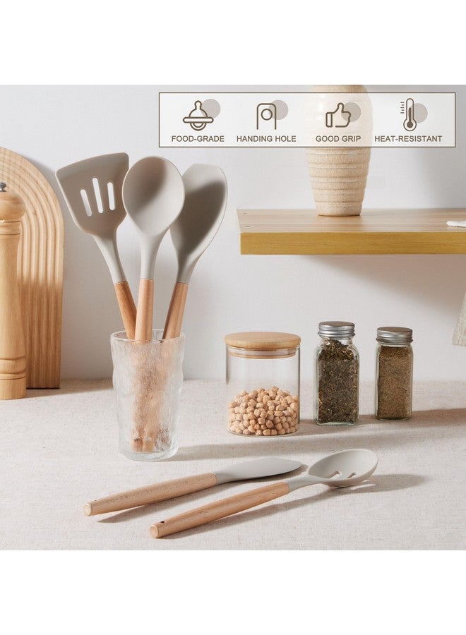 E-far مجموعة أدوات الطهي السيليكونية E-far، مجموعة أدوات مطبخ مقاومة للحرارة مكونة من 10 قطع مع مقبض خشبي للأواني غير اللاصقة، أدوات مطبخ غير لاصقة ملعقة، خفاقة، ملقط، مغرفة، غير سامة وصحية (كاكي) - Image 5