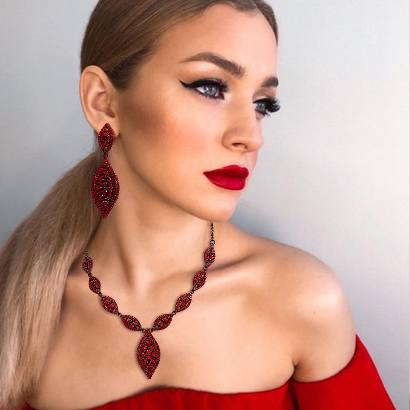 Flyonce Wedding Jewelry Set Rhinestone Crystal Bridal Leaf Necklace Drop Dangle Chandelier Earrings Sets Red and Black-Tone - Image 2