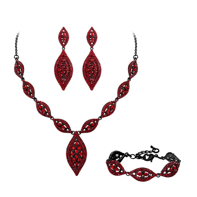 Flyonce Wedding Jewelry Set Rhinestone Crystal Bridal Leaf Necklace Drop Dangle Chandelier Earrings Sets Red and Black-Tone - Image 1