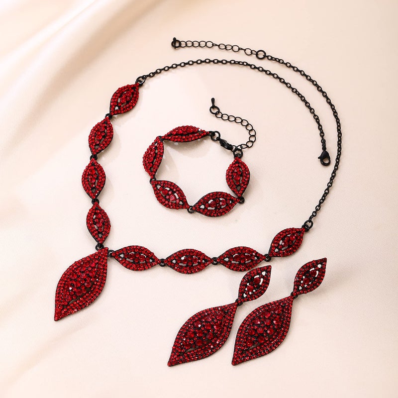 Flyonce Wedding Jewelry Set Rhinestone Crystal Bridal Leaf Necklace Drop Dangle Chandelier Earrings Sets Red and Black-Tone - Image 5