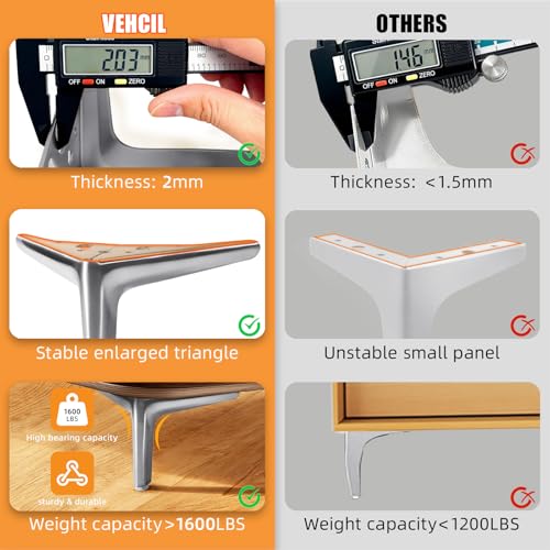 VEHCIL 4-inch Furniture Legs, Legs for Furniture Set of 4, Modern Furniture Feet for Cabinet Sofa Couch Table Chair Bed Dresser Wardrobe Risers DIY Replacement-Brushed Satin Nickel - Image 5