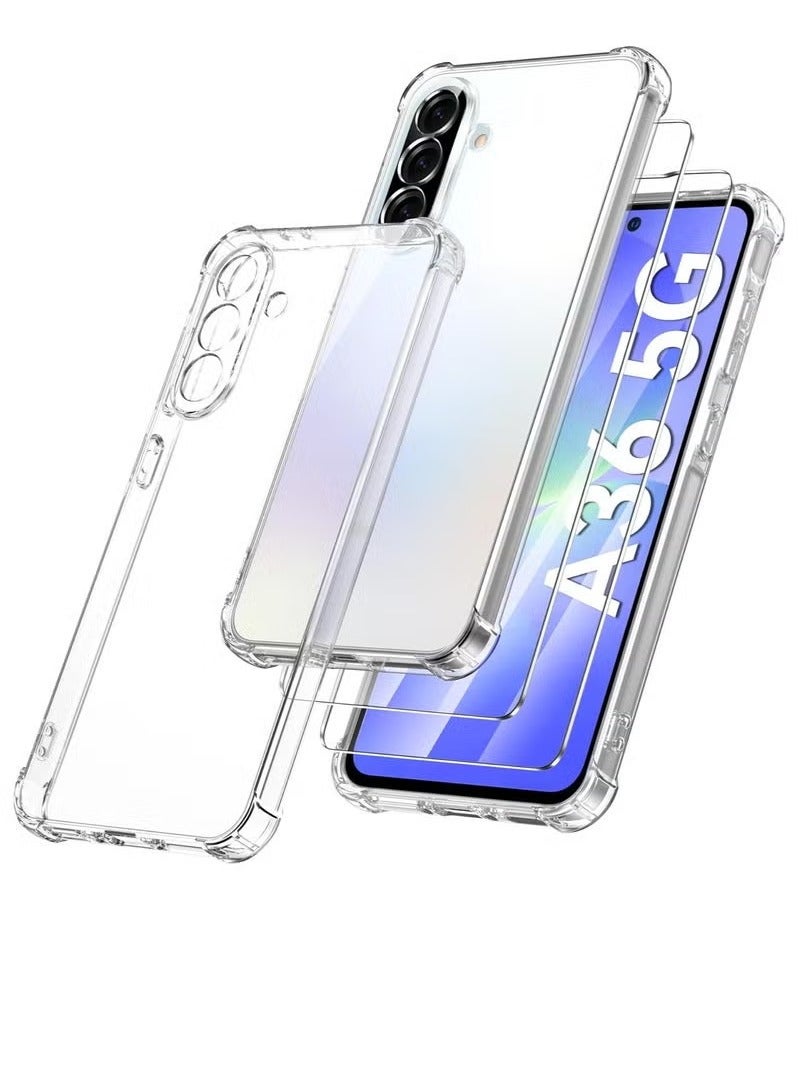 JAJEEK Shockproof Clear Case for Samsung Galaxy A36 5G 2025 with 2 Pack Tempered Glass Screen Protectors – Full Edge-to-Edge Coverage and Durable Bumper Protection - Image 1