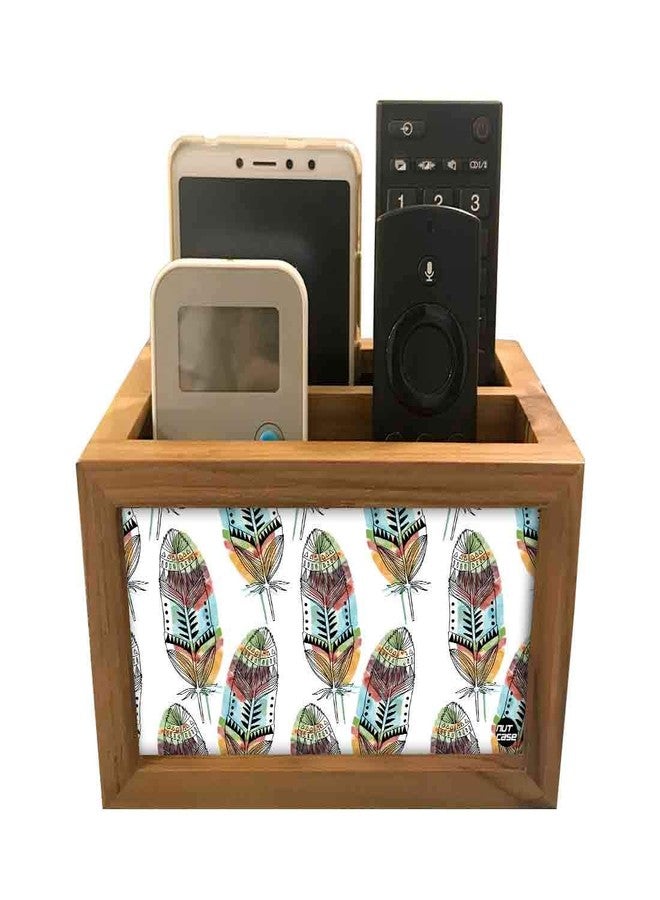 Nutcase Designer Teak Wood TV Remote Stand For Home Remote Holders Organizer Caddy for TV/AC Remotes Control -Multipurpose Desk Organiser-6�x4�x4� - Feathers - Image 2