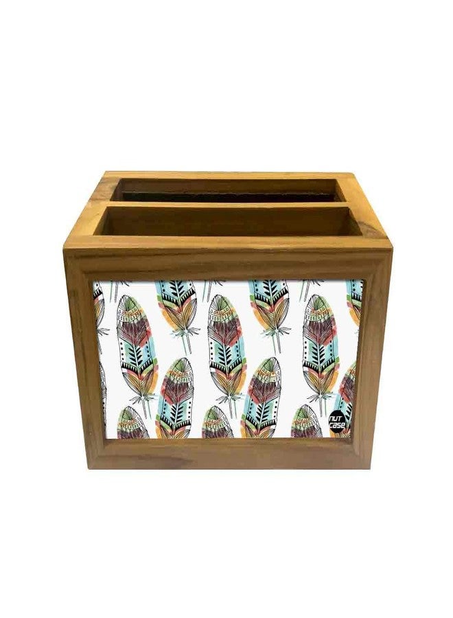 Nutcase Designer Teak Wood TV Remote Stand For Home Remote Holders Organizer Caddy for TV/AC Remotes Control -Multipurpose Desk Organiser-6�x4�x4� - Feathers - Image 4
