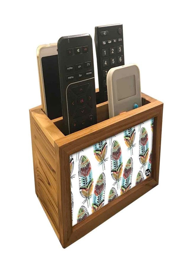 Nutcase Designer Teak Wood TV Remote Stand For Home Remote Holders Organizer Caddy for TV/AC Remotes Control -Multipurpose Desk Organiser-6�x4�x4� - Feathers - Image 1