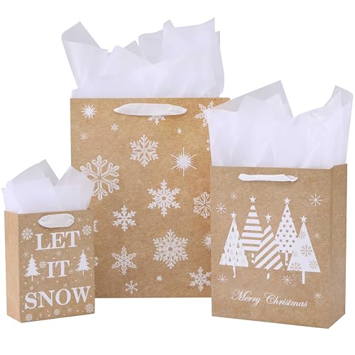 SUNCOLOR Christmas Gift Bags Assorted Sizes with Tissue Paper 9 Pack Kraft Paper Bags in 3 Sizes Brown and White Snowflake Design Let It Snow Theme Holiday Gift Bags - Image 1