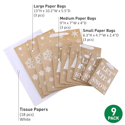 SUNCOLOR Christmas Gift Bags Assorted Sizes with Tissue Paper 9 Pack Kraft Paper Bags in 3 Sizes Brown and White Snowflake Design Let It Snow Theme Holiday Gift Bags - Image 3