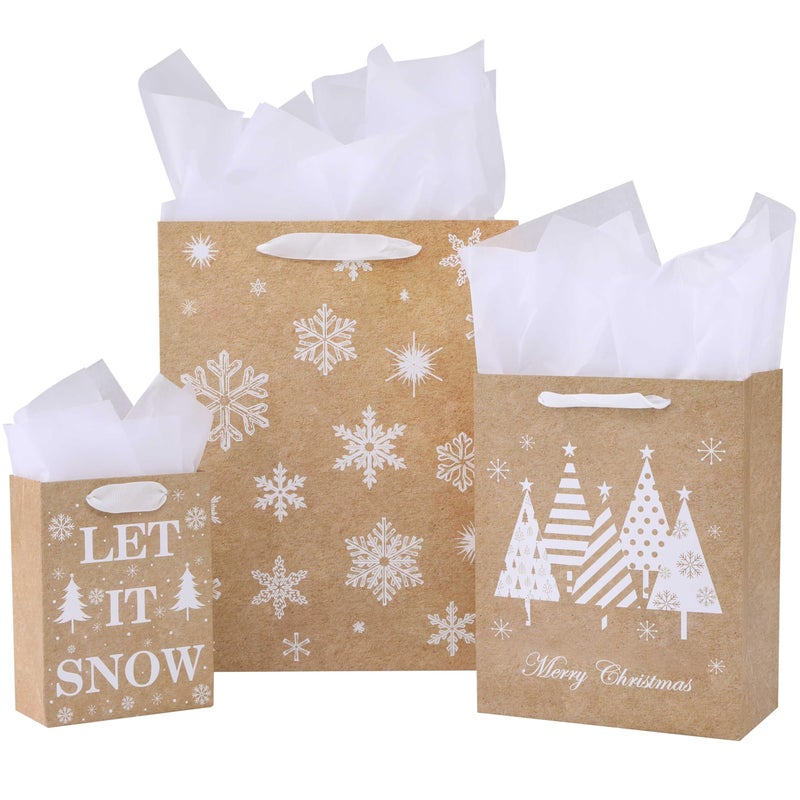 SUNCOLOR Christmas Gift Bags Assorted Sizes with Tissue Paper 9 Pack Kraft Paper Bags in 3 Sizes Brown and White Snowflake Design Let It Snow Theme Holiday Gift Bags - Image 2