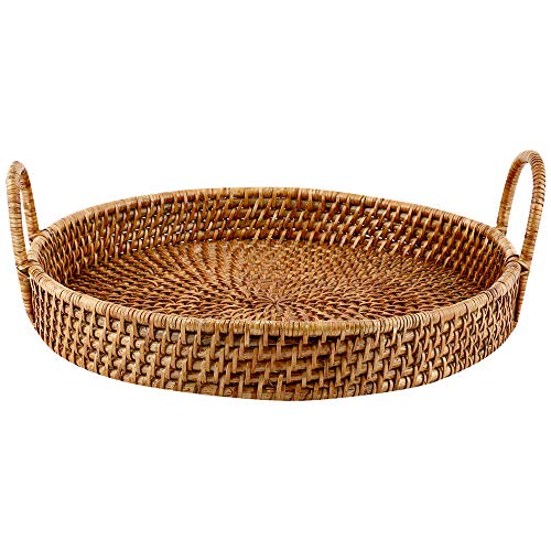 AKWAY Wicker Serving Tray for Home | Dining Table Decorative Round Shape Tray | Party Platter With Handles | Diwali or Deepawali Gifts (Beige) - Image 2